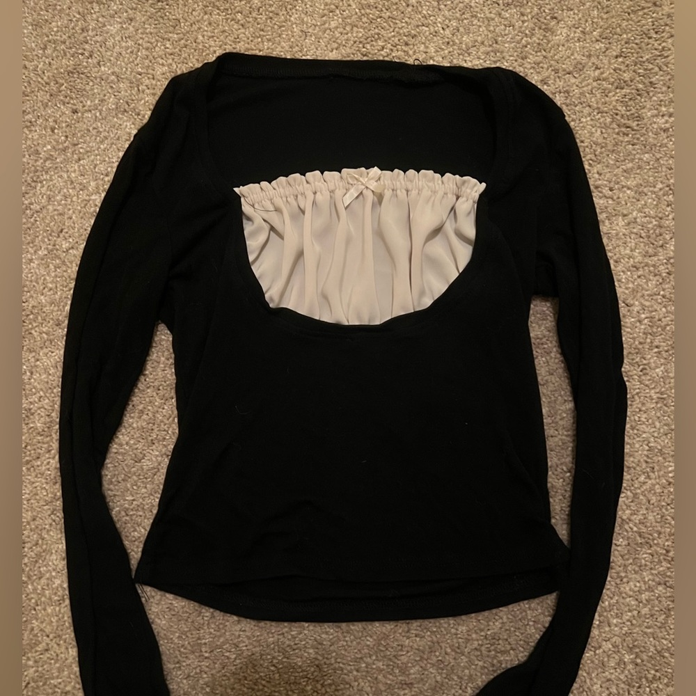 Vintage 90s long sleeve, black shirt with ruffle bust